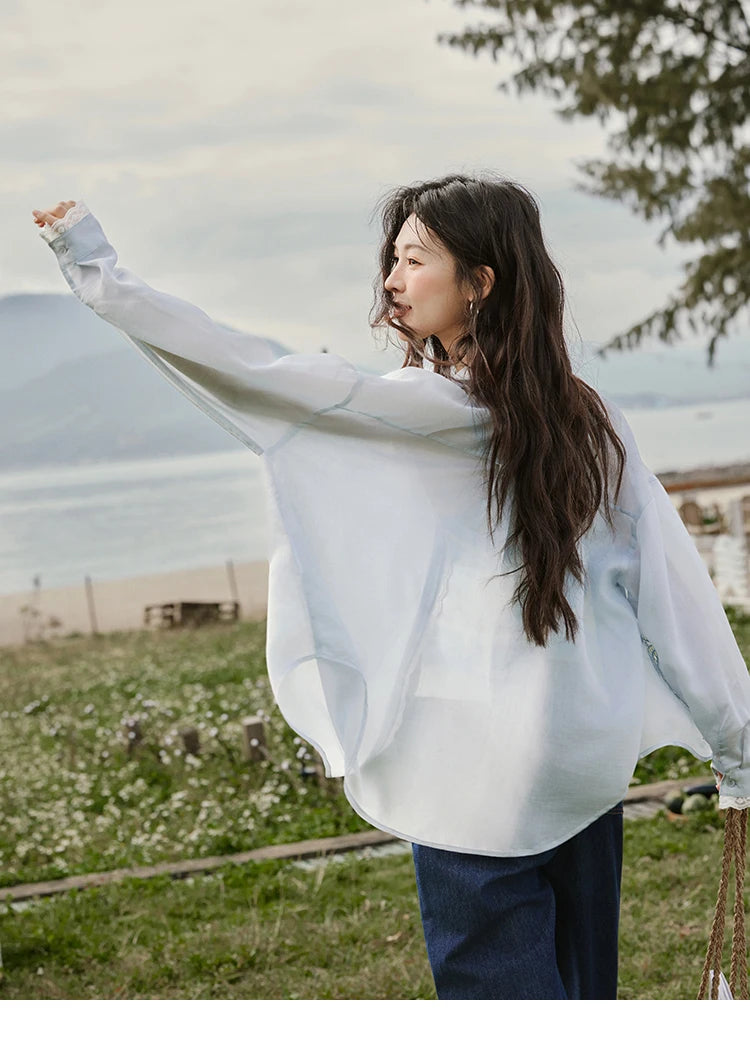 MISHOW Blue Office Lady Shirts Women 2025 Summer New Round Neck Long Sleeve Hollow Embroidery Blouses Female Fashion MXE31C0775