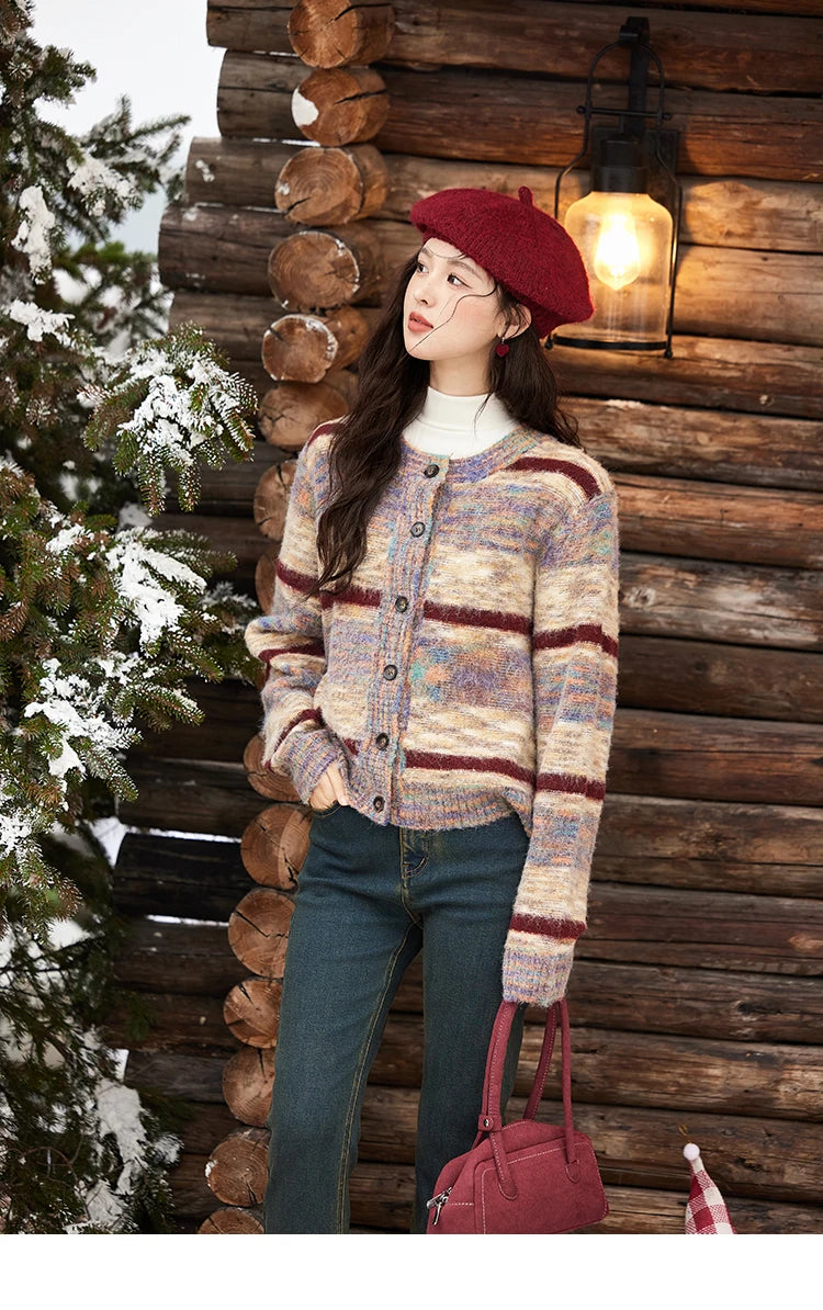 MISHOW Striped Sweaters Short Contrast Color Loose Casual O-Neck Single Breasted Tops Soft Warm Knitted Cardigans MXD59Z1061