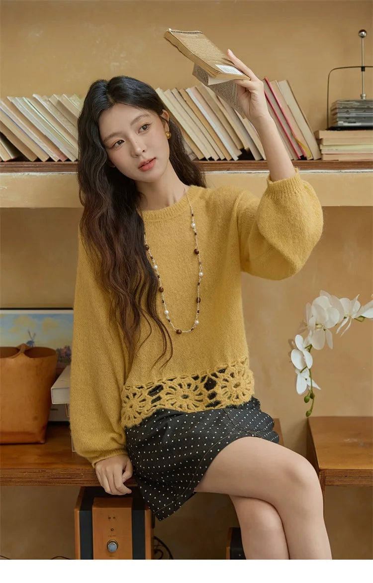 MISHOW Woman Sweaters 2025 Elegant French Hollow Out Floral Sweater Loose O-neck Long Sleeves Knit Top Autumn Clothes MXE44Z2491