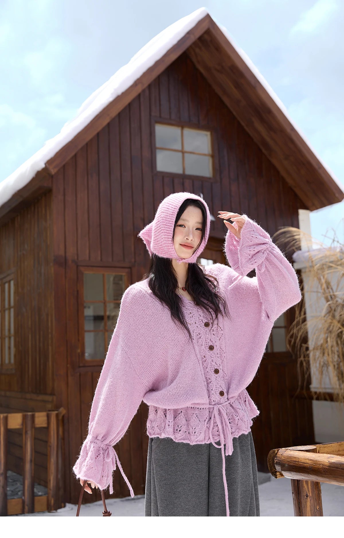 MISHOW Elegant Cardigan Women 2025 Autumn Design Hollow Knit Sweater V-neck Flared Sleeves Loose Casual Sweater MXE47Z2513