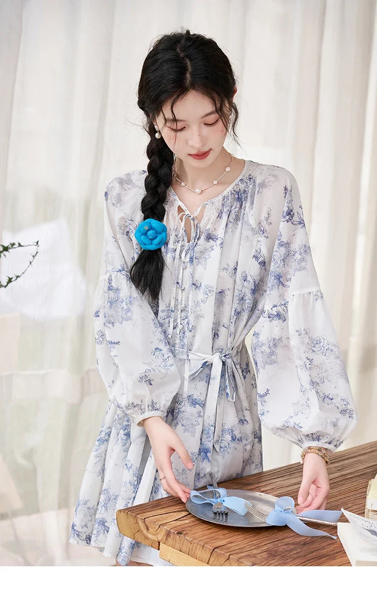 MISHOW Fairy Temperament Floral Puff Sleeved Chiffon Dress Spring Summer 2025 Lace-up O Neck Waist Knee-Length Dress MXD14L1681