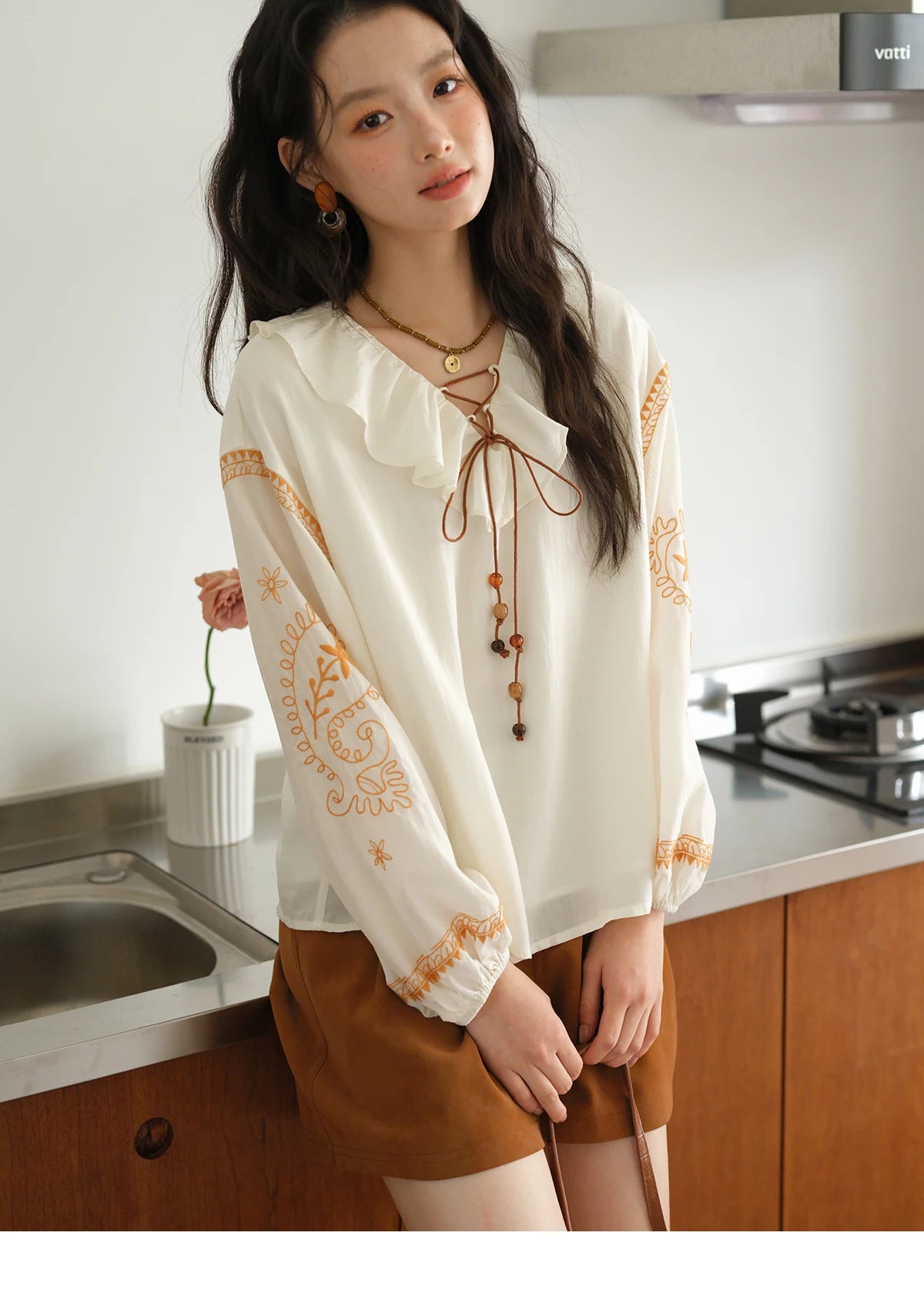 MISHOW Cashew Flower Embroidered Blouse Autumn 2025 Ruffle V-neck Lace Up Tops 100 Lyocell Lantern Sleeves Blouses MXE43X1987