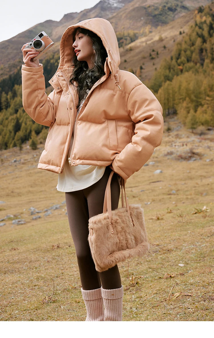 MISHOW Women's Winter Down Jacket 2023 Hooded Short White Duck Down Coats Imitation Protein Leather Puffer Jackets MXC52Y0008