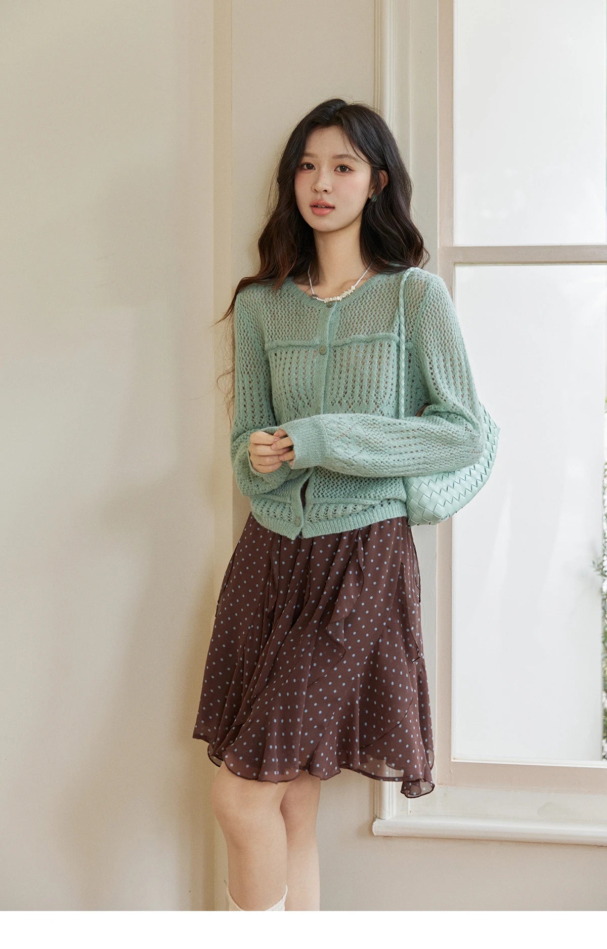 MISHOW Women's Mint Green Knitted Cardigan 2026 Spring Crew Neck Hollow Out Thin Tops Casual Loose Sheer Sweater MXF108Z1046