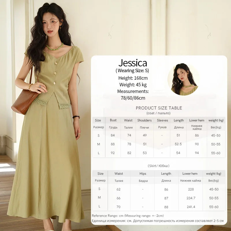 MISHOW Two-Piece Ladies Set 2025 Summer New Fashion V-neck Button Lace Hollow Out Spliced Top Pocket A-line Skirt Set MXE39T0665