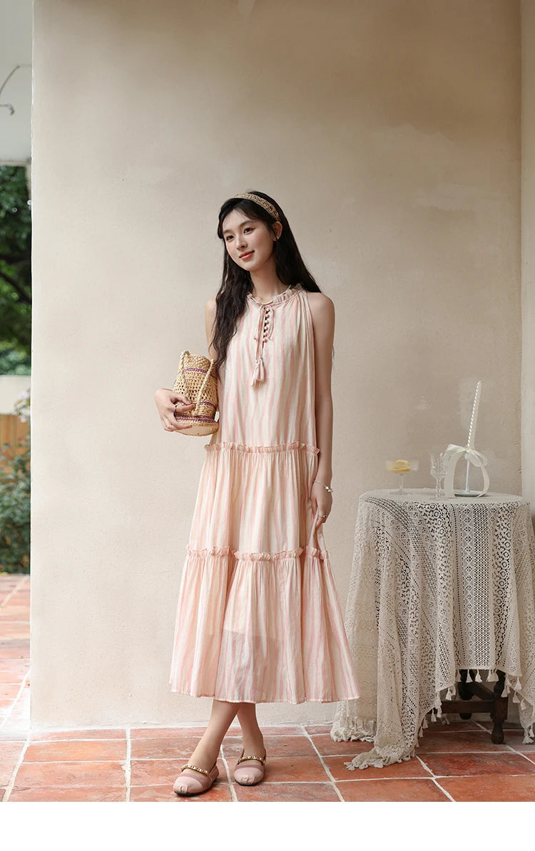 MISHOW Hanging Neck Striped Dress for Women 2024 Summer French Tea Break Camisole Dress Sweet Vacation Long Dresses MXD30L1951