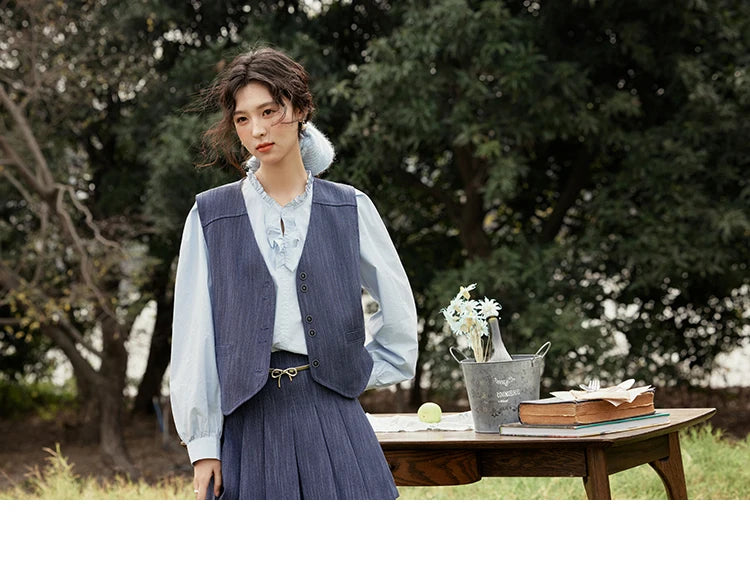 MISHOW Women's V-neck Vest Coat Pleated Skirt Set Spring 2025 Symmetric Fake Pocket Coat A-line Skirts (No with Belt) MXE31T0505