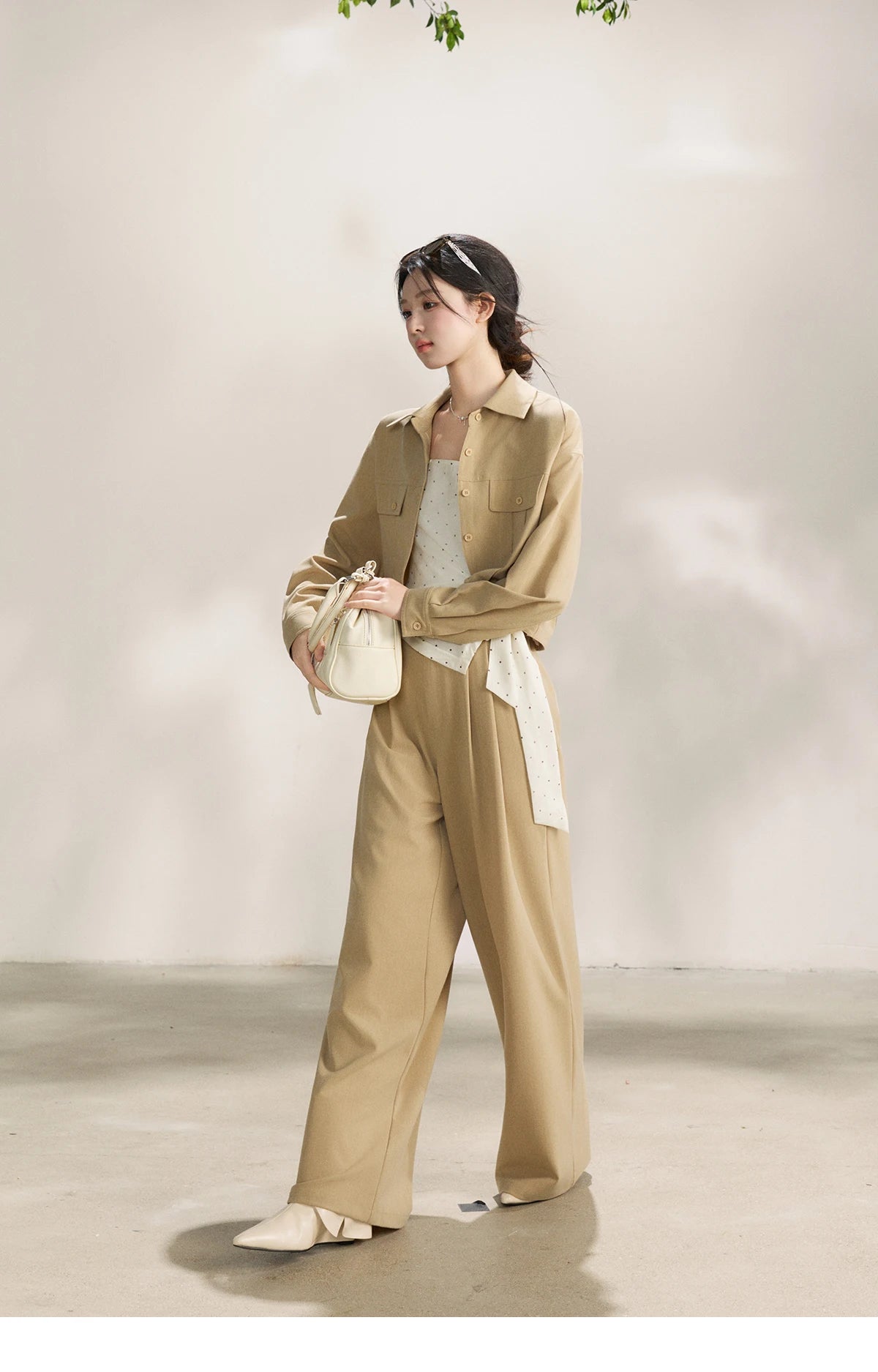 MISHOW Women's Khaki Three-Piece Set Spring Cropped Lapel Short Jacket Irregular Polka Dot Vest Wide Leg Pants Set MXF13T1478