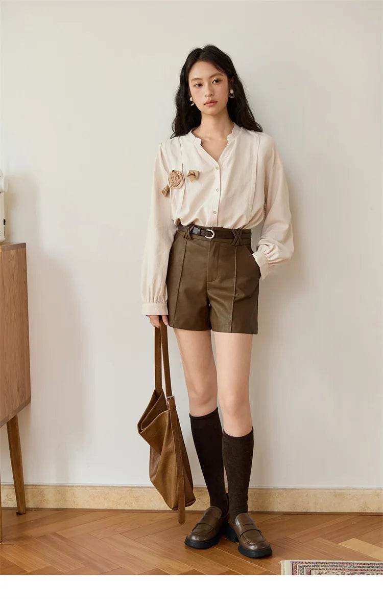 MISHOW Women's PU Leather Shorts Autumn 2025 Slanted Pocket Versatile Short Pants A-line Waist Shorts Excluding Belt MXE48K1086