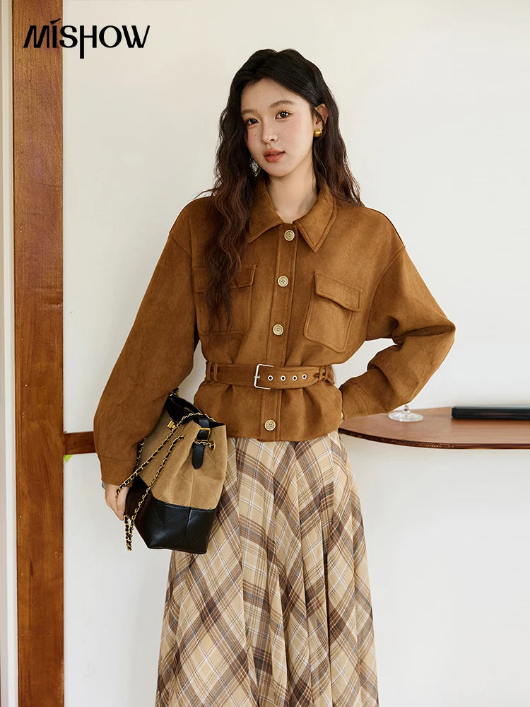 MISHOW Short Jacket for Women 2025 Autumn New Brown Lapel Metal Button Decorated Jacket Windproof Commuter Outerwear MXE46W0864