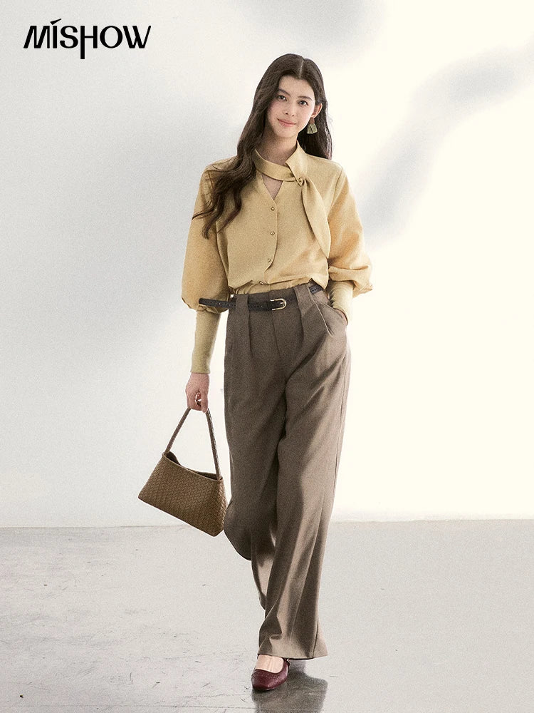 MISHOW Women's Tie Neck Shirts Spring Hollow-out Knitted Patchwork Puff Sleeve Tops Casual Elegant Shirt Office Lady MXF108C0812