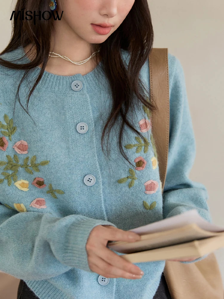 MISHOW Blue Floral Embroidered Cardigan for Women 2025 Autumn Winter New Loose Crew Neck Long Sleeves Sweater Wool MXE51Z2695