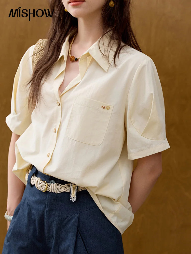 MISHOW New French Summer Shirts for Women New 2025 Short Sleeve Turn-down Collar Solid Slimming Blouses Lady Gentle MXE33C0778