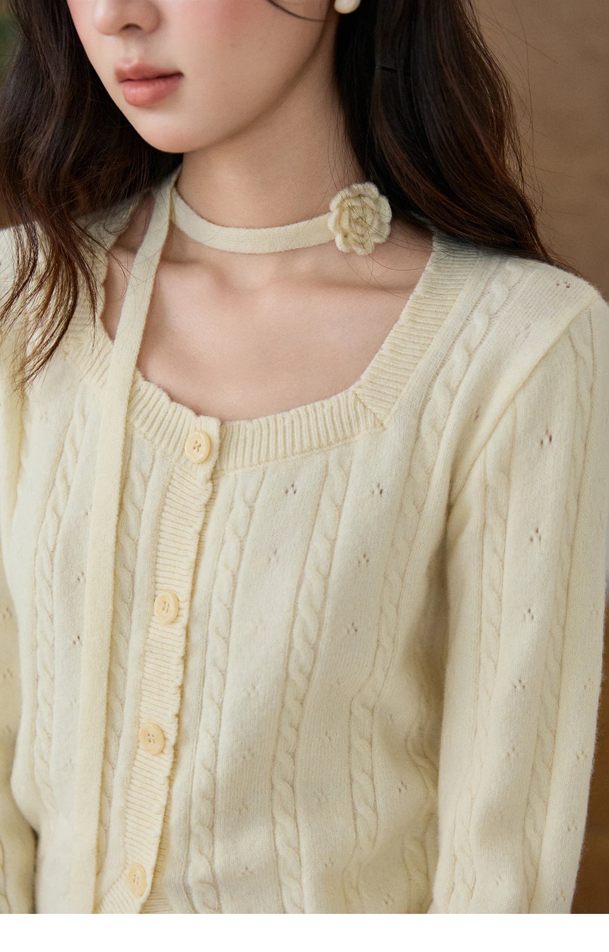 MISHOW Women's Beige Cable Knit Cardigan 2026 Spring Square Neck Long Sleeve Slim Casual Knitwear with Flower Ribbon MXF11Z2903