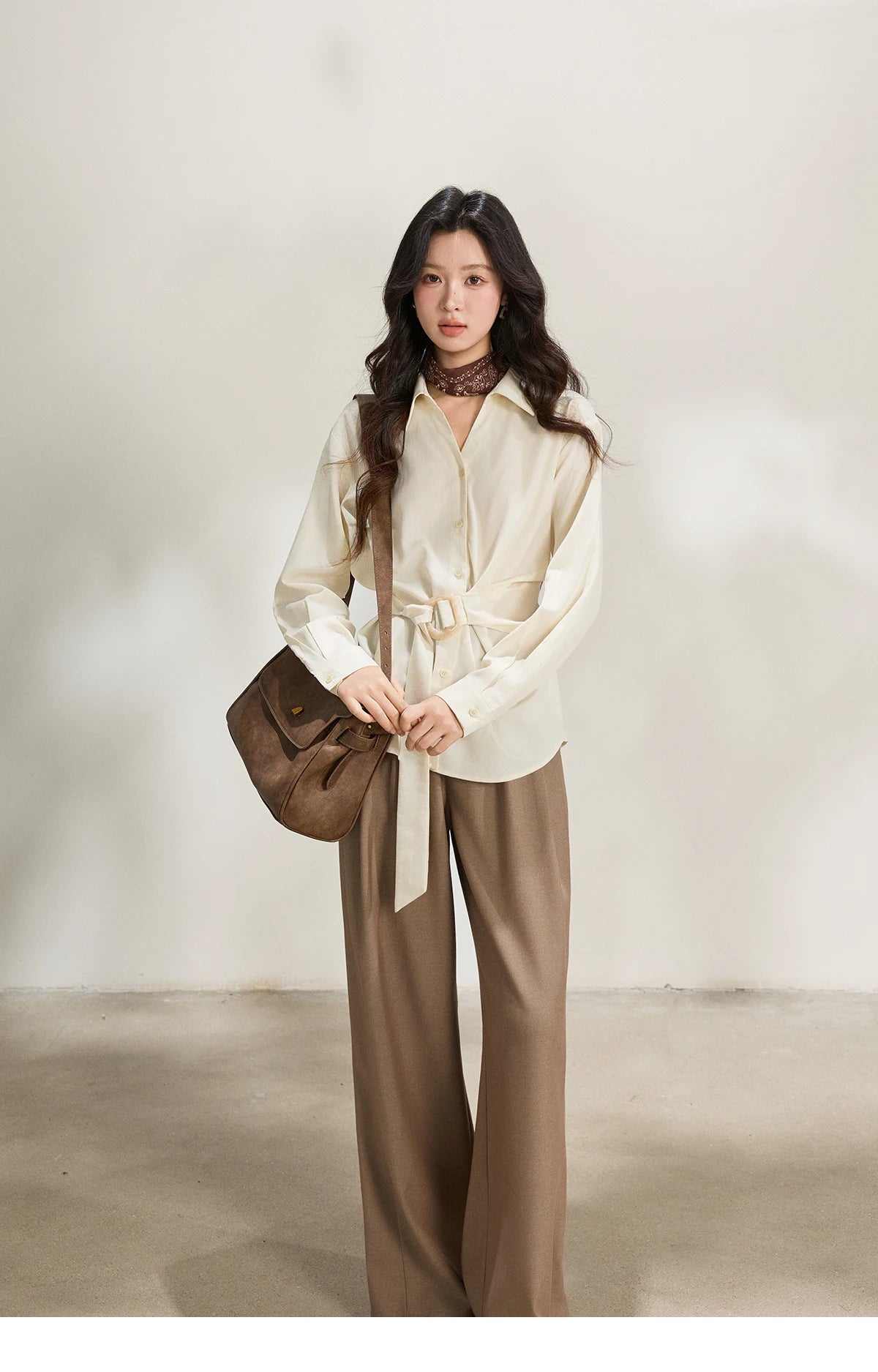 MISHOW Women's Lapel Collar Long Sleeve Shirt 2026 Spring with Belted Waist Casual Loose Soft Beige Shirt Office Lady MXF13C2452