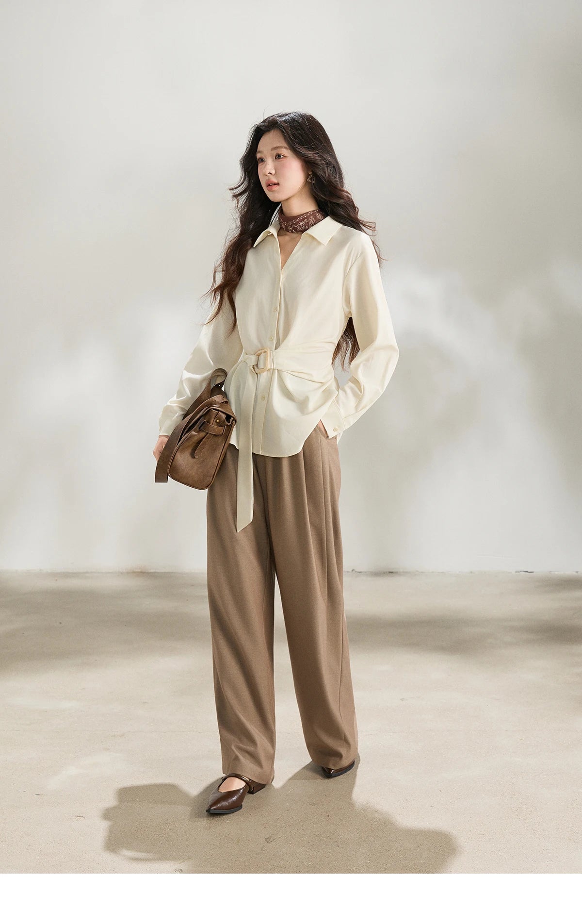 MISHOW Women's Lapel Collar Long Sleeve Shirt 2026 Spring with Belted Waist Casual Loose Soft Beige Shirt Office Lady MXF13C2452