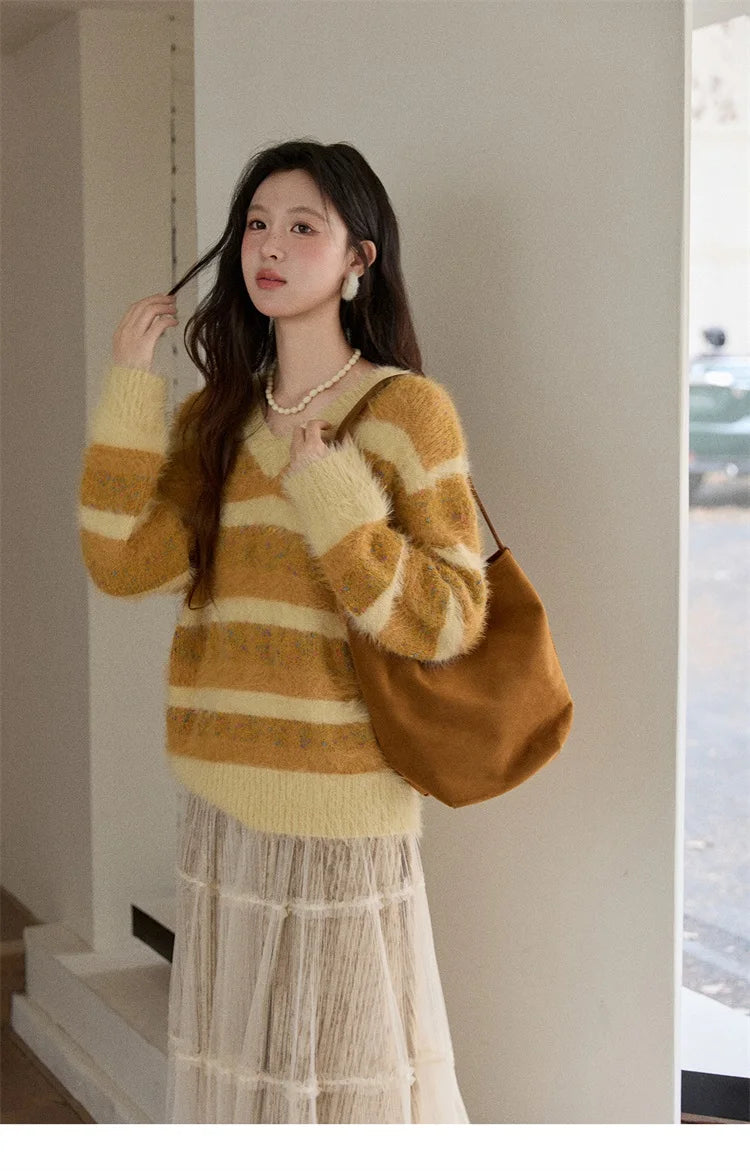 MISHOW Women's V-neck Knit Pullover Retro Yellow Striped Sweater 2025 Casual Faux Mink Jacquard Loose Knit Sweater MXE87Z2766