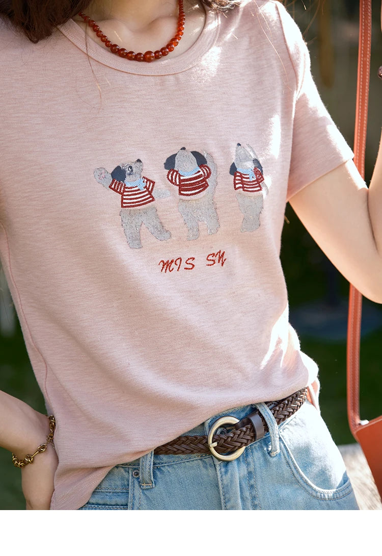 MISHOW Short Sleeve Little Bear Print T-shirt for Women 2025 Summer New O-Neck Embroidery Top Versatile Loose Tee MXE39T0699