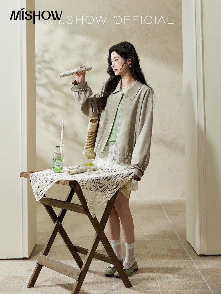 MISHOW Minimalist Short Jacket for Women Spring 2025 Casual Lapel Jacket Zipper Elastic Hem Solid Coats Streetwear MXE13W0715