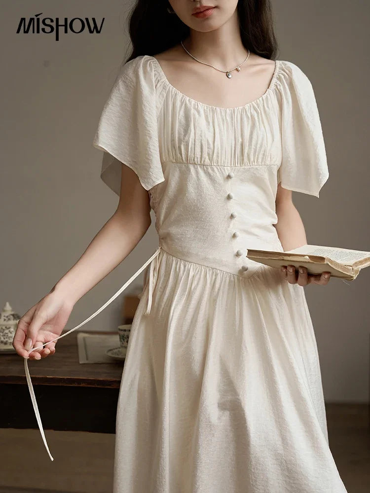 MISHOW Women's Elegant Dress 2023 Summer French A-LINE Butterfly Sleeve Square Collar Solid Lace-up Waist Dresses MXC38L1407