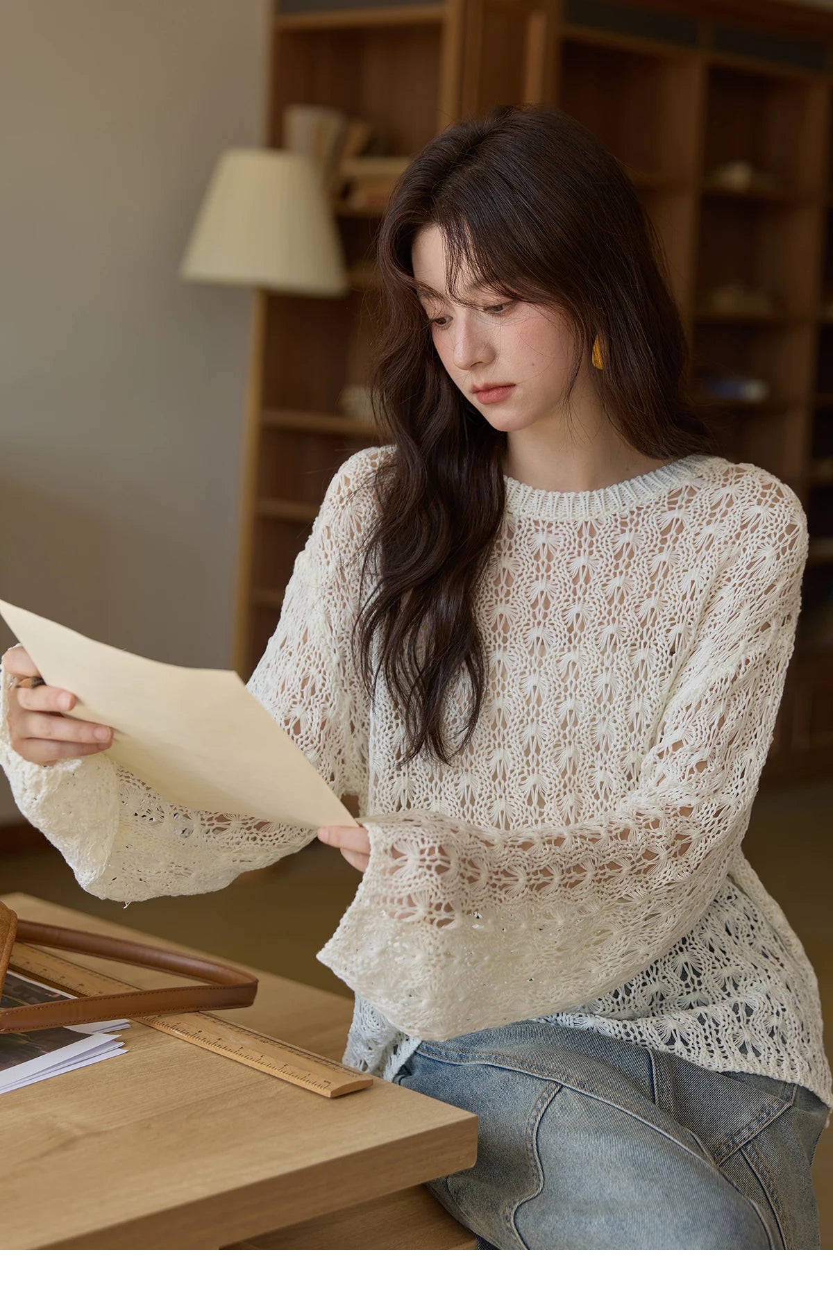 MISHOW Women's Hollow Knitted Tops 2025 Autumn Jacquard Weave Breathable Top Solid Dropped Sleeve Knitted Sweaters MXE43Z1360