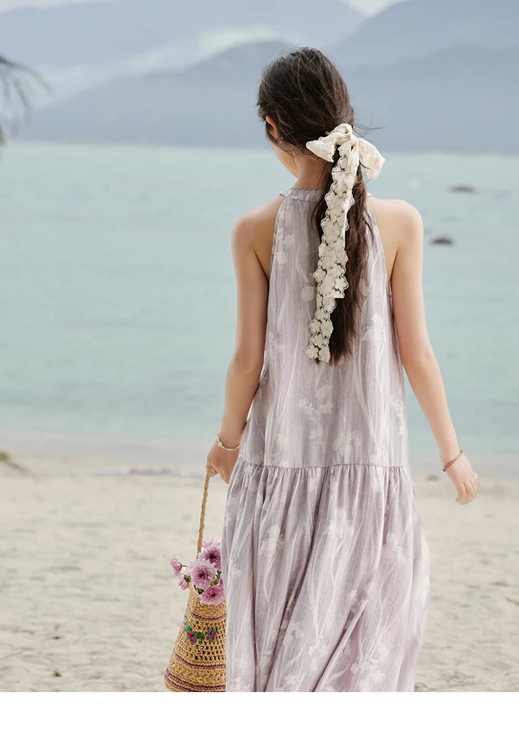 MISHOW Purple Print Chiffon Holiday Dress Women 2025 Summer Sleeveless Stand Collar Slim Dresses Woman New Fashion MXE32L2163