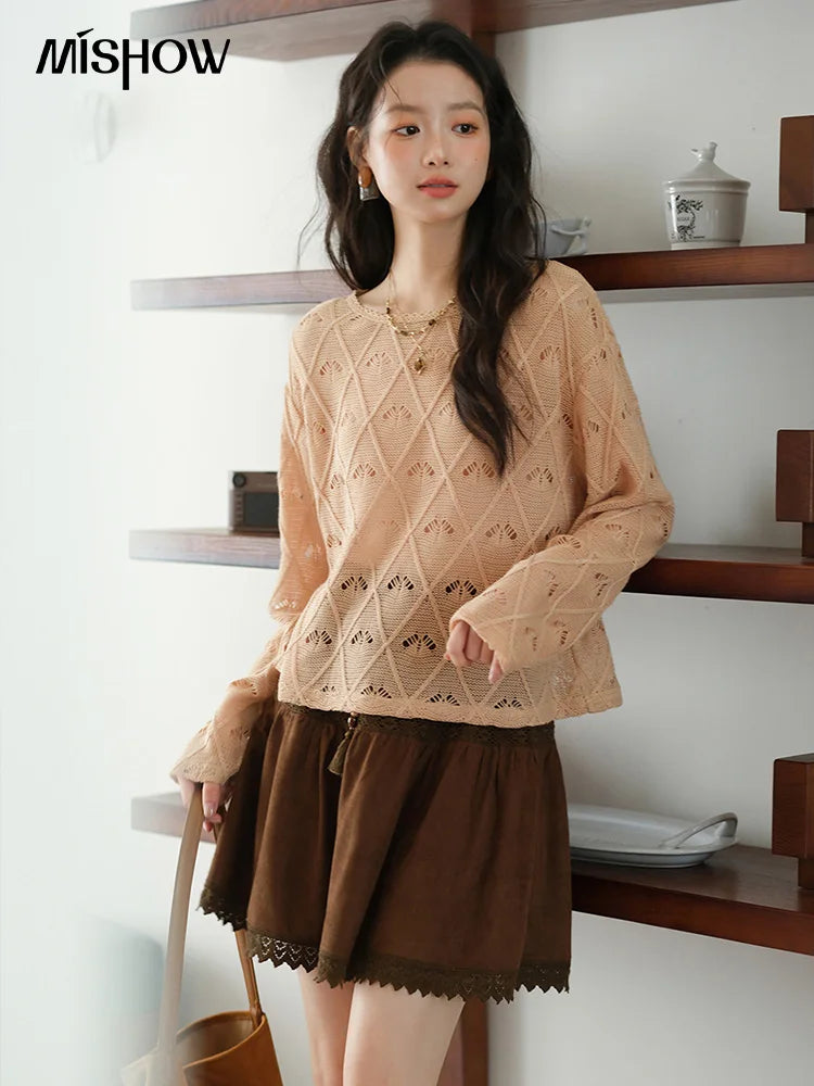 MISHOW Women's Diamond Patterned Knitted Top 2025 Autumn Bohemian Hollowed Out Thin Top Scoop Neck Knitted Sweaters MXE42Z1332