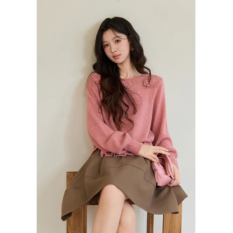 MISHOW Women's Pink Hollow-out Knitwear 2026 Spring Crew Neck Floral Embroidery Sweater Ruffled Hem Casual Loose Top MXE94Z2865