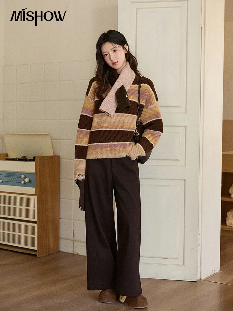 MISHOW Women's French Striped Gradient Sweater 2025 Winter Faux Mink Fleece Sweater Thick Casual Warm Knitted Top MXE94Z2891