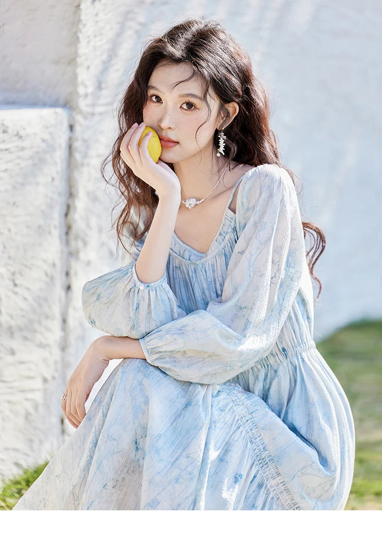 MISHOW Printed Blue Blending Chiffon Vacation Dress Spring 2025 Drawstring Waist Long Dress Lantern Sleeve Dresses MXE16L2114