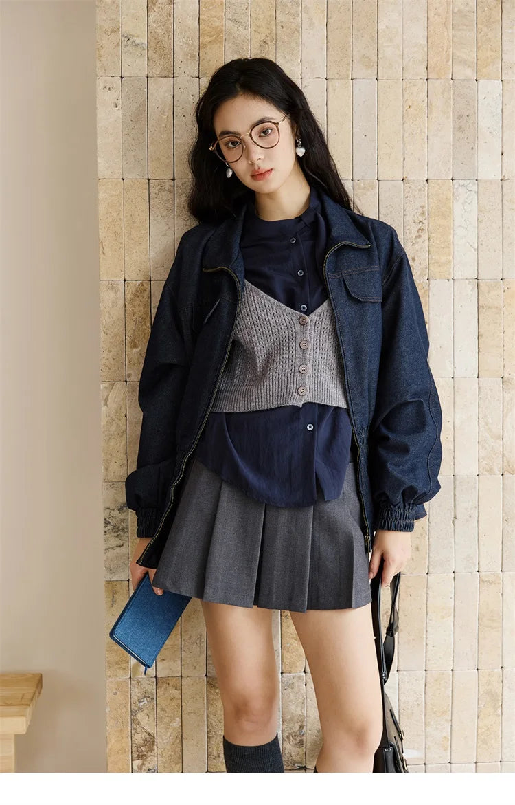 MISHOW Woman Shirt Set 2025 Autumn Fashion New Navy Blue Ribbon Design Layered Shirt Knit Camisole Two-piece Suit MXE47T1412