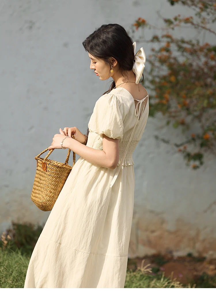 MISHOW French Summer Dresses Women 2025 New Short Puff Sleeve V-neck Solid Cotton Blended Dress Female Slimming MXE34L2288