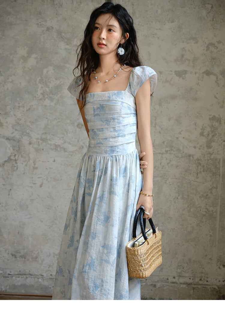 MISHOW Women's Fashion Print Dress 2025 Summer Square Neck Flying Sleeve Vacation High Waist Dresses Women's Clothing MXE35L2274