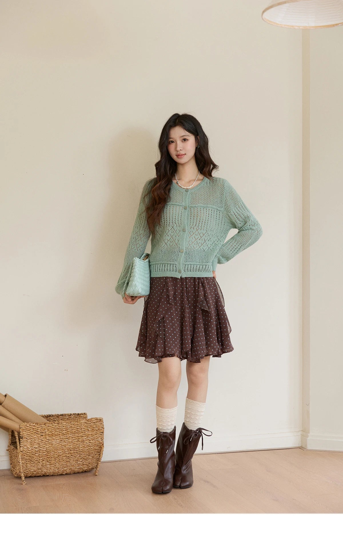 MISHOW Women's Mint Green Knitted Cardigan 2026 Spring Crew Neck Hollow Out Thin Tops Casual Loose Sheer Sweater MXF108Z1046