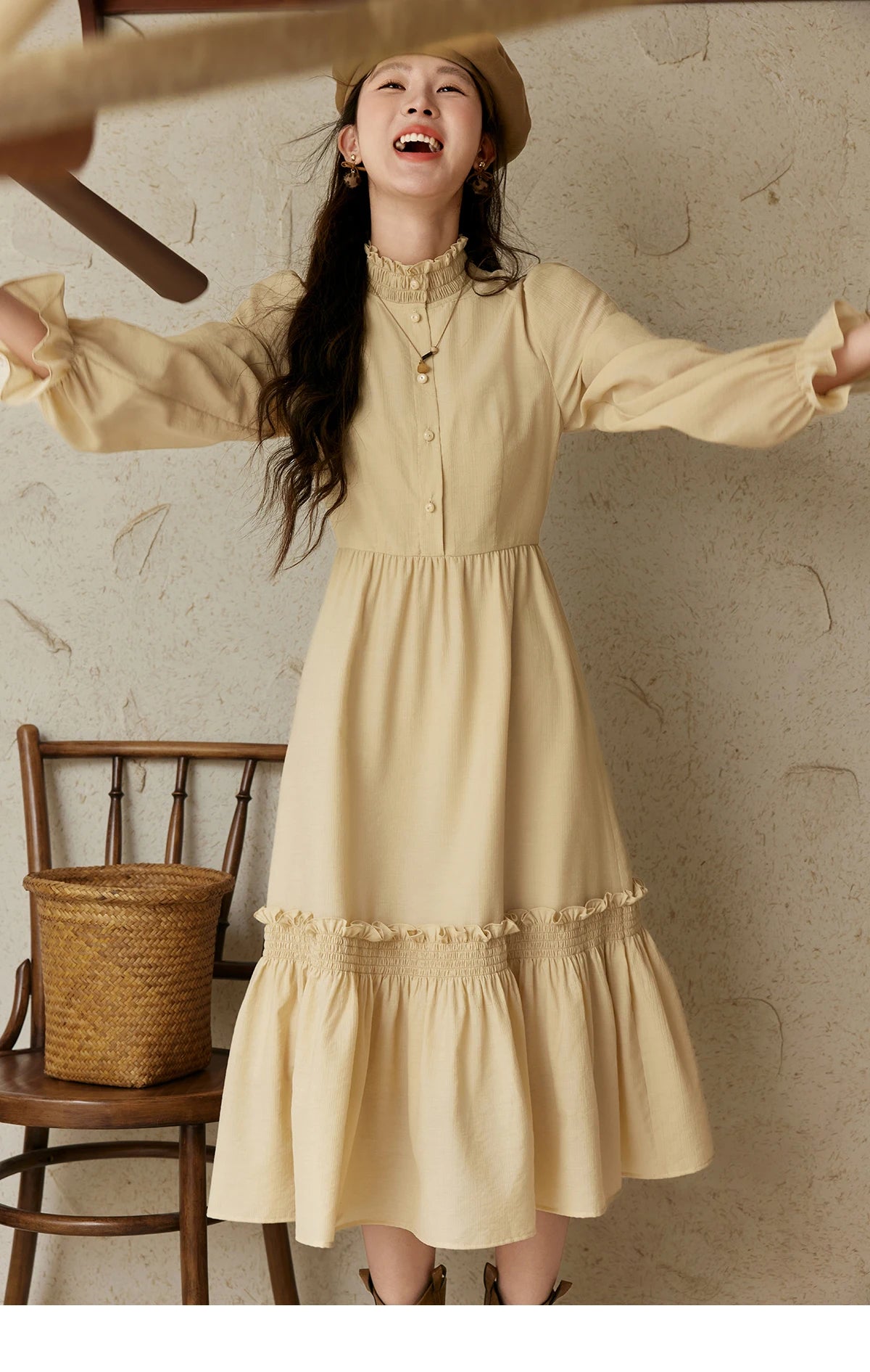 MISHOW French Stand Neck Elasticity Dress 2024 Autumn Waist Elegant A-line Dresses Elastic Lotus Leaf Sleeves Dress MPD42L2036