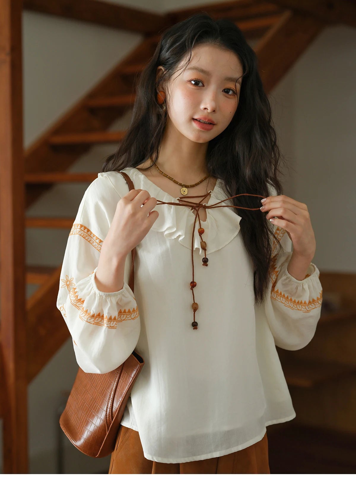 MISHOW Cashew Flower Embroidered Blouse Autumn 2025 Ruffle V-neck Lace Up Tops 100 Lyocell Lantern Sleeves Blouses MXE43X1987