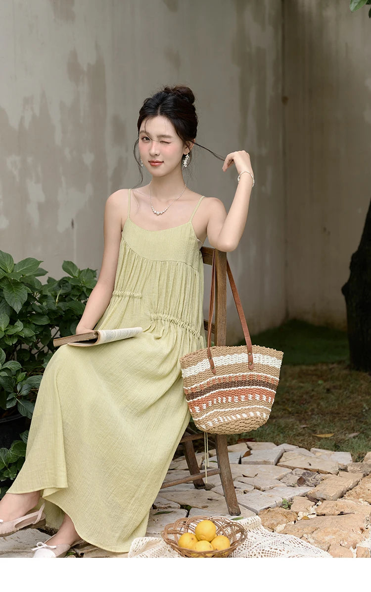 MISHOW Irregular Pleated Suspender Long Dress for Women 2025 Summer Olive Green Dress Loose Drawstring Waist Dresses MXD31L1928
