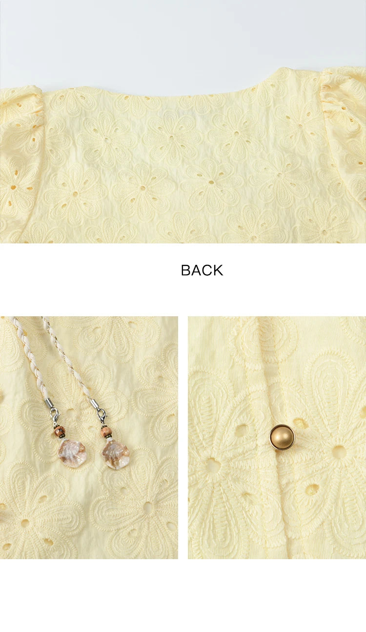 MISHOW Women's Fashion Hollow Out Blouse Summer 2025 Embroidery Puff Sleeve Square Collar Tassel Ladies Casual Top MXE37X1851