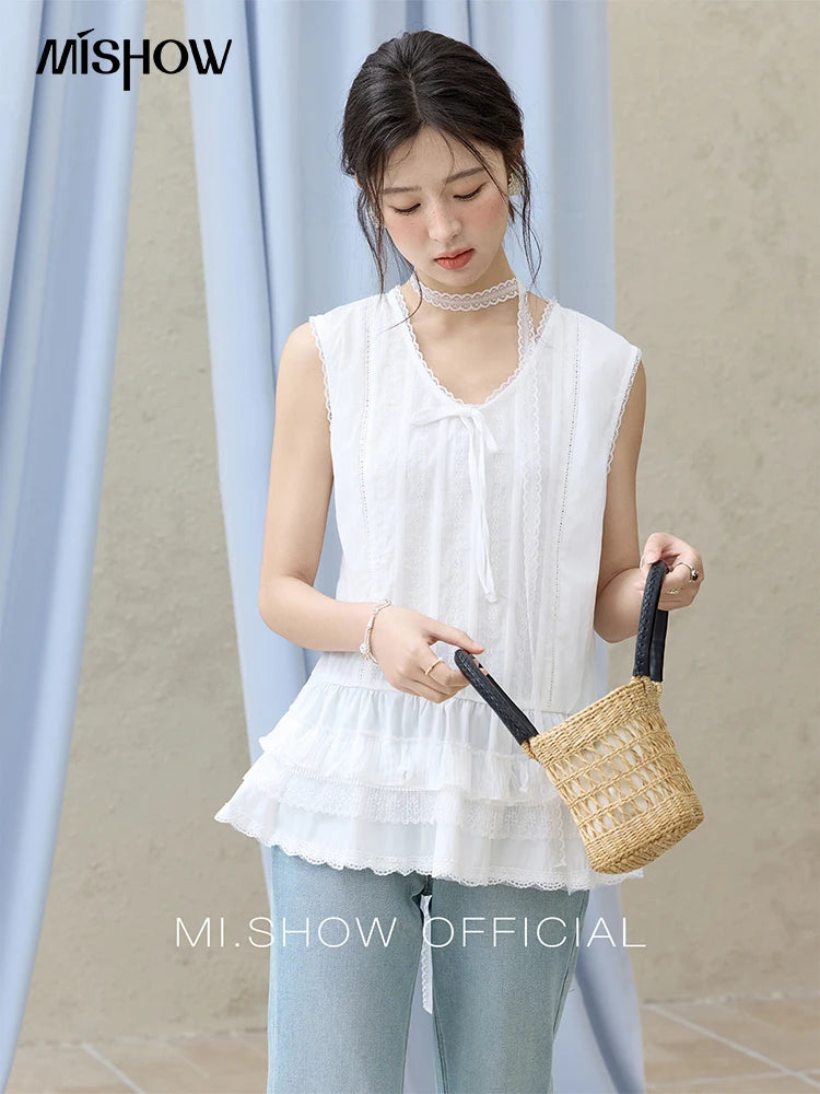 MISHOW Versatile Summer Vest Women 2025 New Solid V-neck Lace Cake Hem Sleeveless Vests Female Fashion Straight Tops MXE31X1779