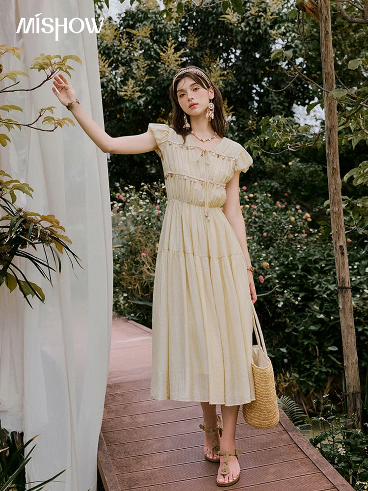 MISHOW Holiday Summer Dresses Women 2025 Solid V-neck Short Puff Sleeve Shell Ribbon High Waist Dress Woman Fashion MXE33L2193