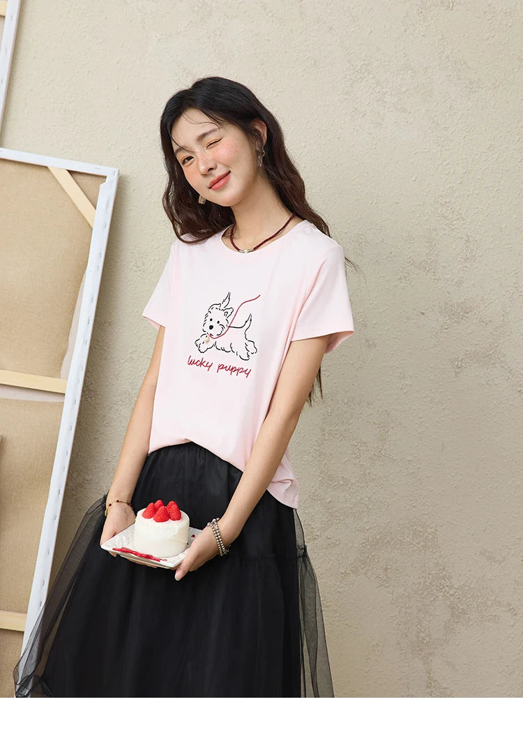 MISHOW Cute Printed Puppy Short Sleeve T-shirt 2025 Summer Round Neck Short Sleeved T-shirt Cotton Blend Casual Tees MXE36T0640