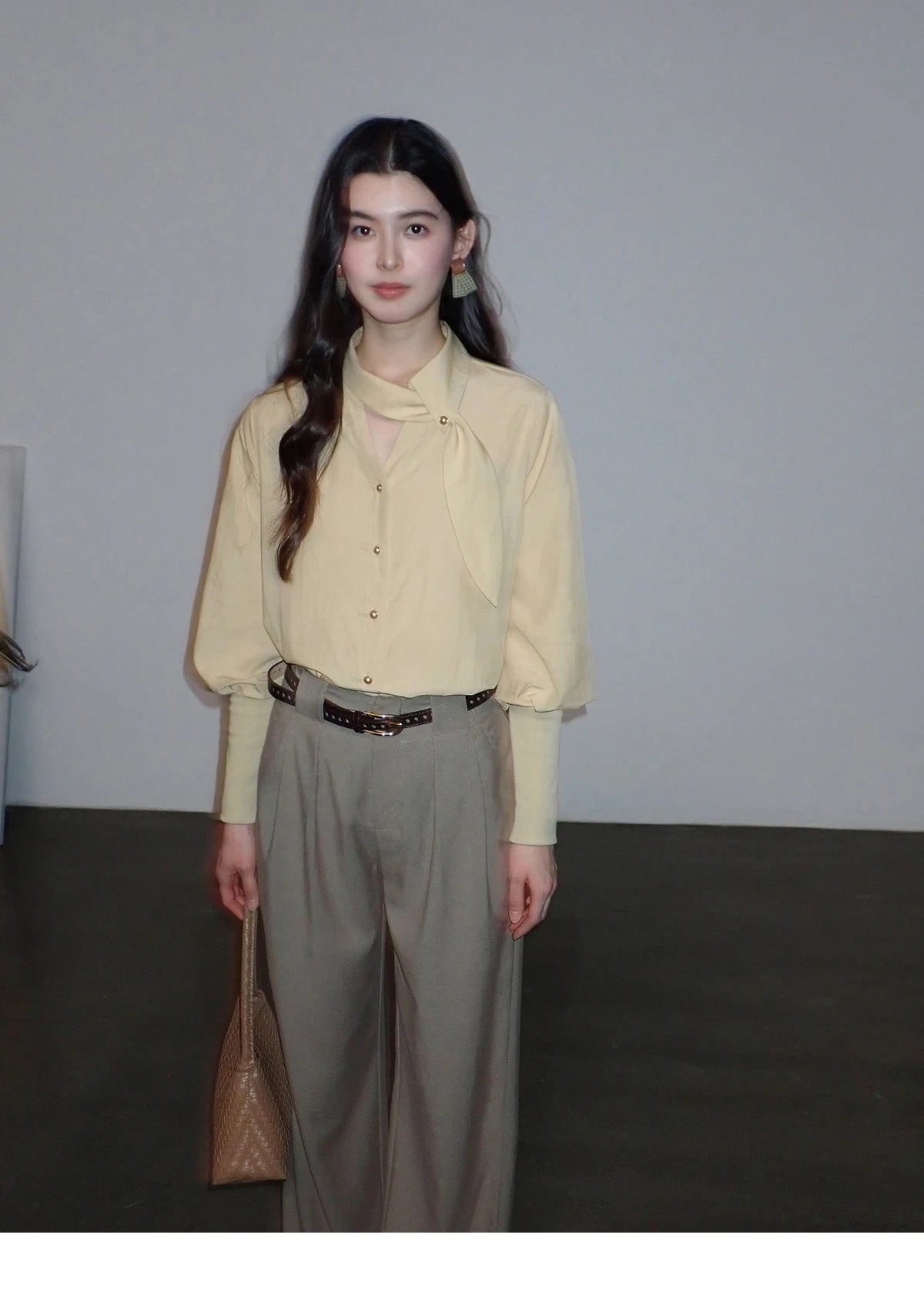 MISHOW Women's Tie Neck Shirts Spring Hollow-out Knitted Patchwork Puff Sleeve Tops Casual Elegant Shirt Office Lady MXF108C0812