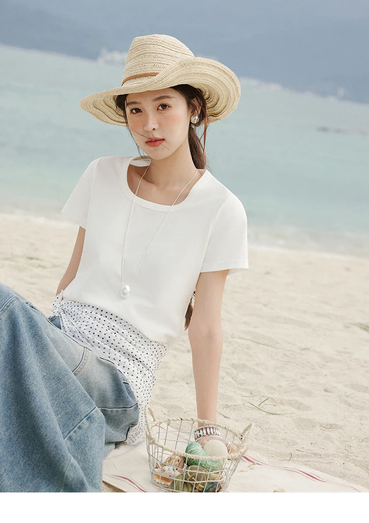 MISHOW Solid Casual T-shirts Women Summer 2025 New Square Neck Short Sleeve Shirt Female Fashion Straight Tops Woman MXE15T0483