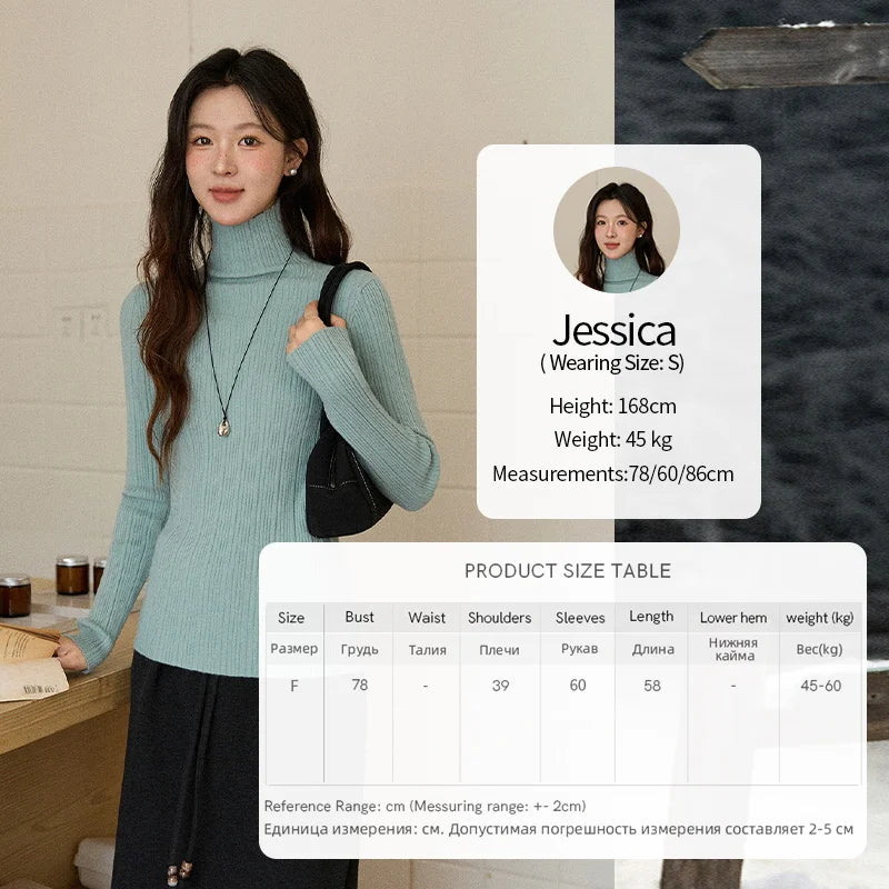 MISHOW Women's Long-sleeved Tops 2025 Winter Simple Solid Turtleneck Sweater Vertical Ribbed Slim Fit Casual Top MXE86Z2656