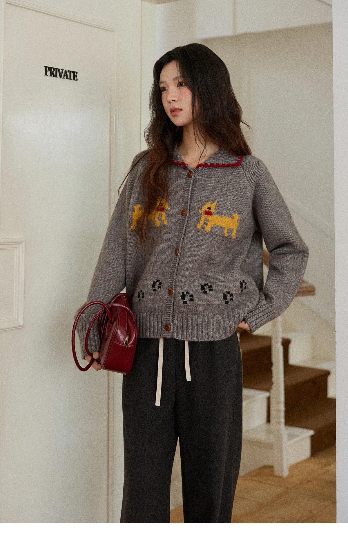 MISHOW Dog Cartoon Jacquard Knitted Cardigan for Women 2025 Loose Retro Turn-down Collar Casual Women's Sweaters MXE86Z2727