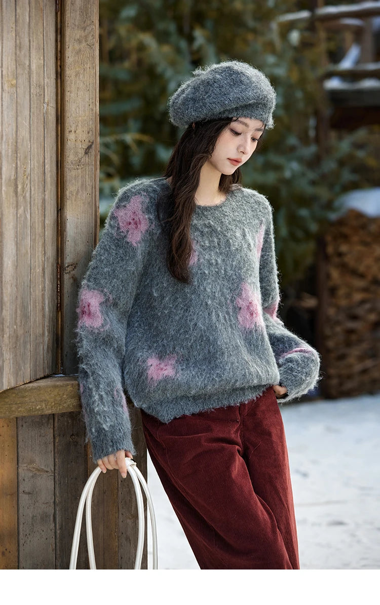 MISHOW Wool Yarn Plush Fur Flower O-Neck Pullover Knitted Sweater Women Clothes Warm Versatile Long-sleeved Tops MXD56Z1001