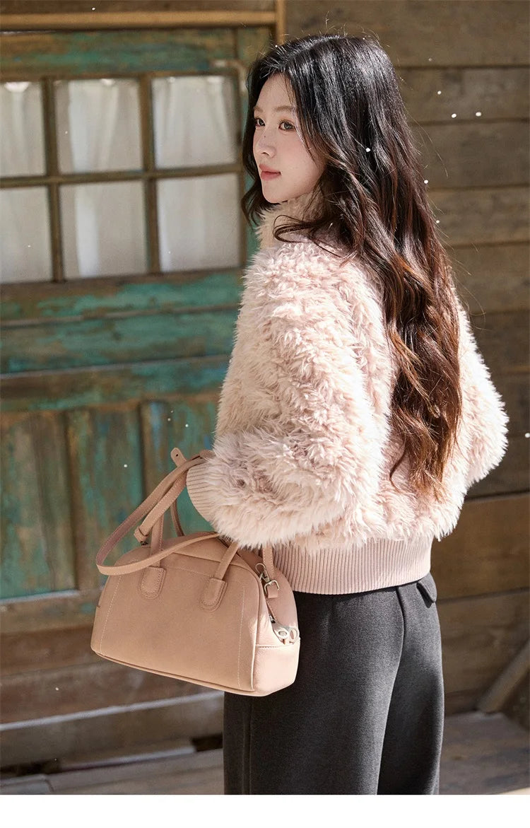 MISHOW Women's Pink Stand Collar Faux Lamb Wool Coat Winter Flower Brooch Warm Outerwear with Pockets Metal Zipper MXE91W0974