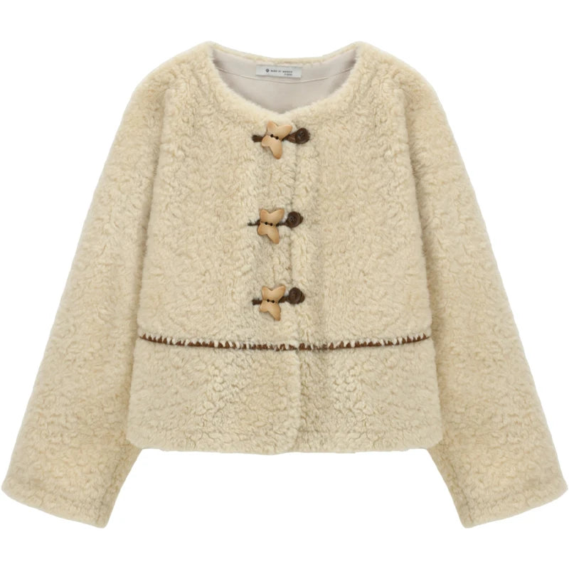 MISHOW Winter Jackets Women 2025 Retro Apricot Imitation Lambswool Coat Commuter Round Neck Single-breasted Jacket MXE51W0874