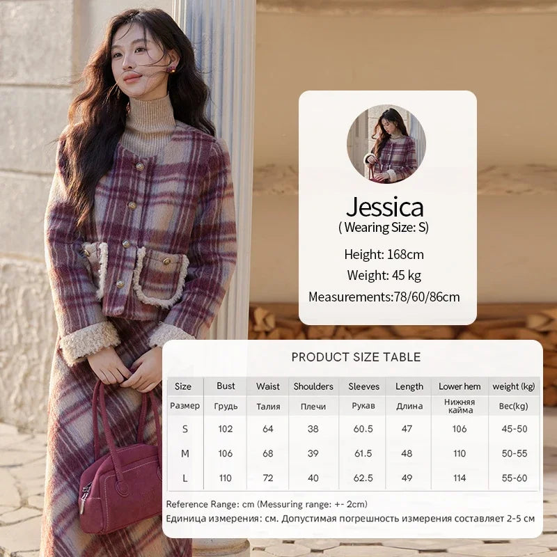 MISHOW Plaid Tweed Jacket Midi Skirt Separately Women 2024 Winter Korean Gentle Thick O-Neck Jacket Straight Skirt MXD54W0562