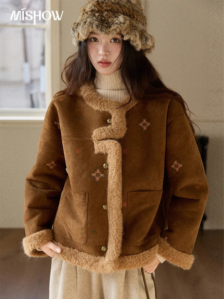 MISHOW Women Brown Jacket 2025 Winter Retro Stand Collar Single-Breasted Windproof Coat Comfortable Long-Sleeve Coat MXE86W0910